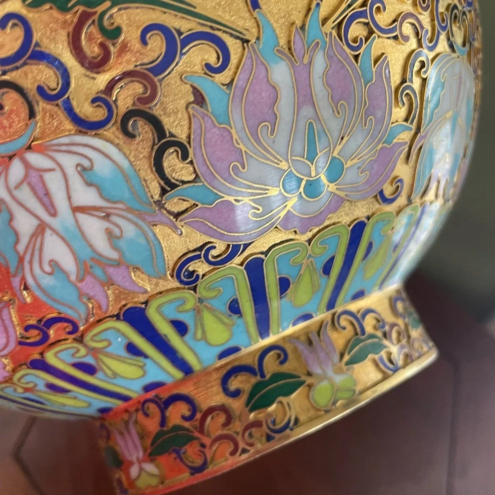 Vintage Gold Cloisonné Floral Vase with Pastel Accents